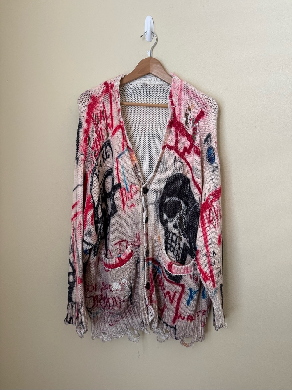 R13 Distressed Oversize Skull Print Graffiti Print Cardigan Sweater Multicolor S
